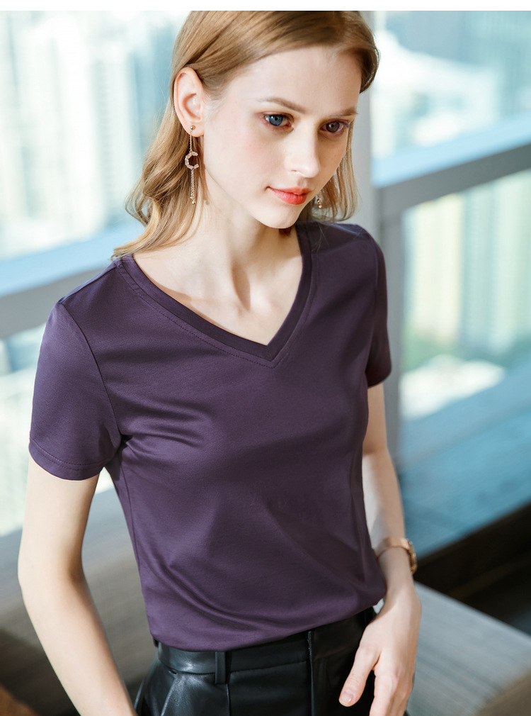 冰感丝光棉短袖t恤女2024新款女装气质v领纯棉体恤纯色高级感上衣详情23