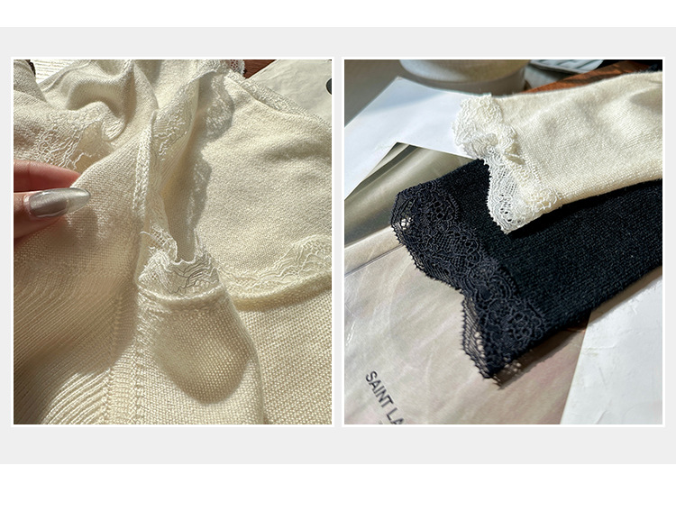 European lace patchwork, elegant long-sleeved wool knitted base layer, Korean-style autumn and winter stylish and unique top for women pic 4