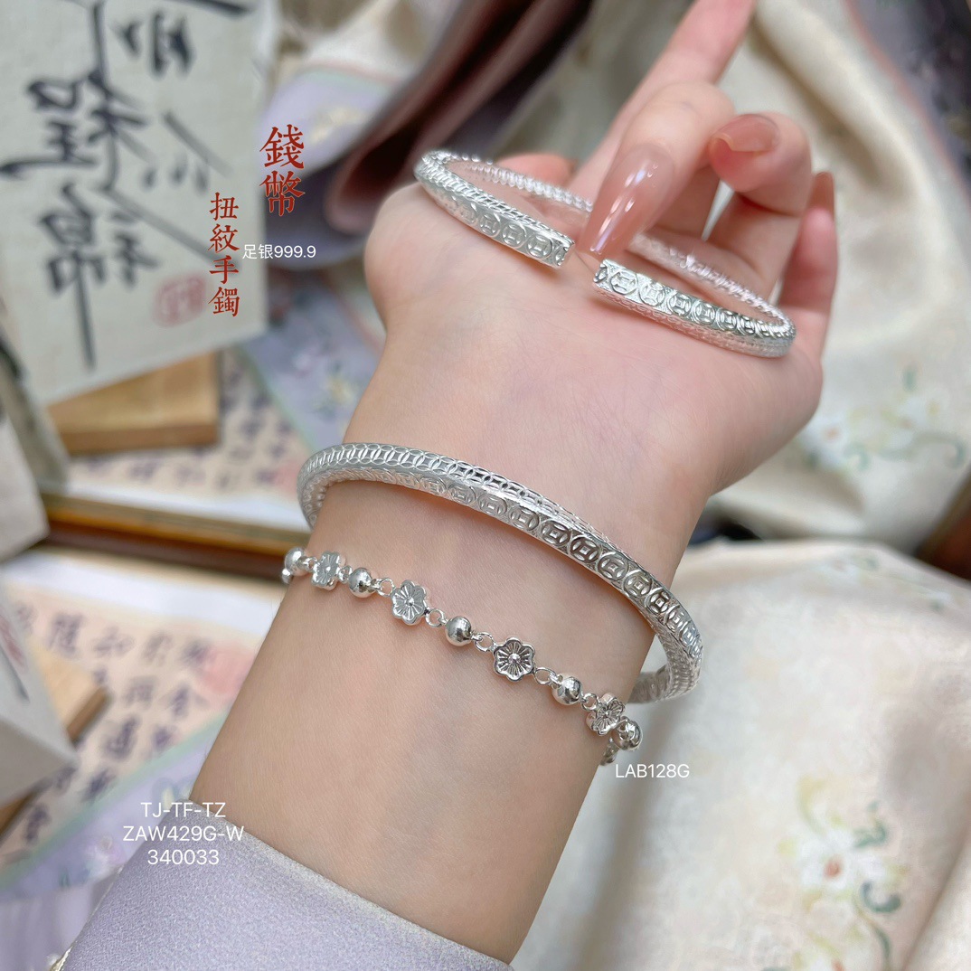 Wholesale of 999.9 Mobius square coin pattern open pair pure silver bracelet, polished pic 5
