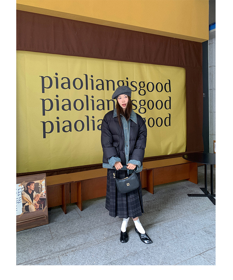 Qumeng DT CLASSIC Retro patchwork fake two-piece denim down jacket for women, 90 white duck down winter coat for women pic 38