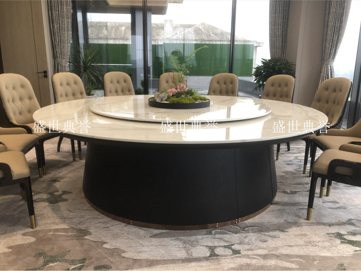 Solid wood furniture for five-star hotels in Hangzhou, seafood style, marble electric dining table, high-end club, light luxury large round table pic 8