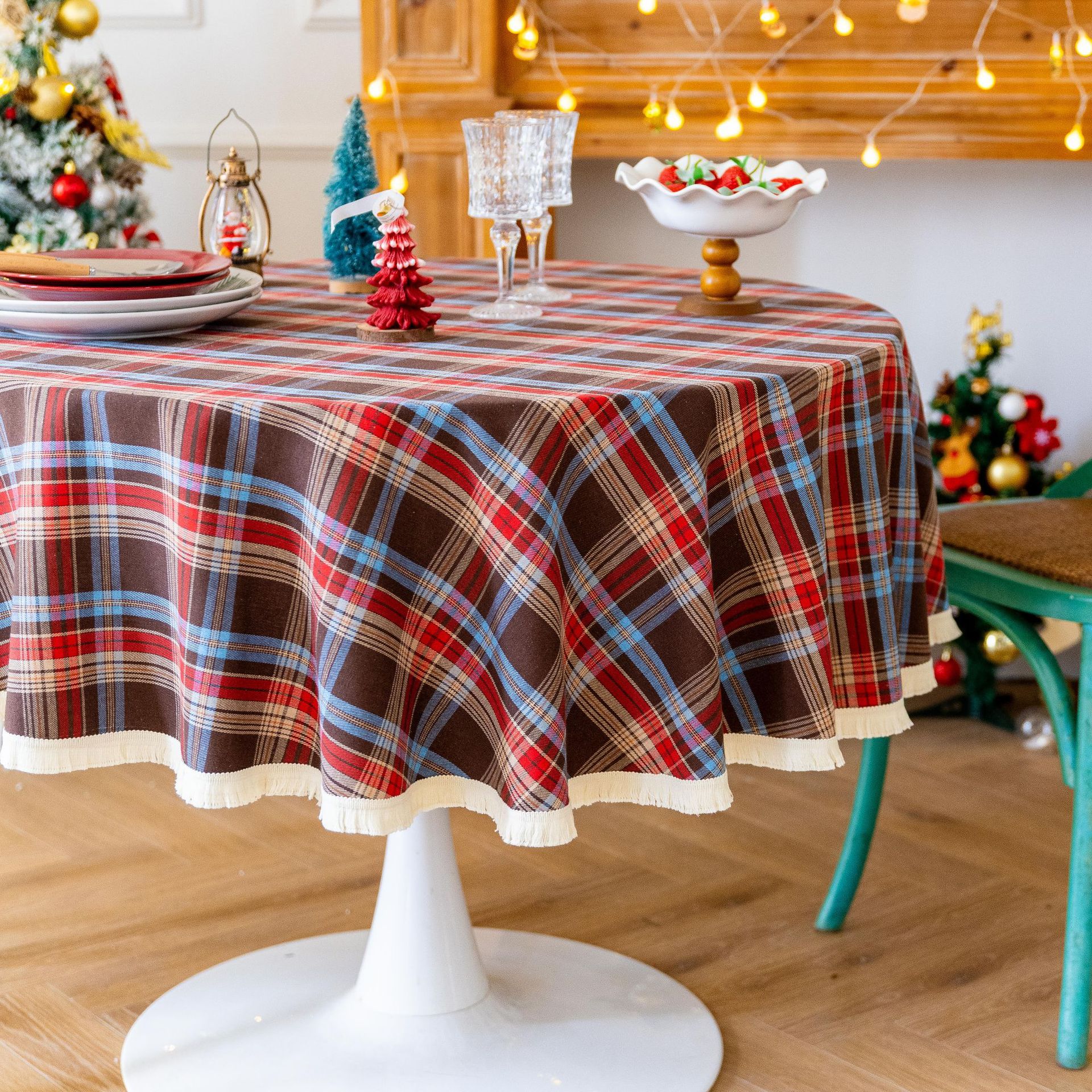 Tablecloth, coffee table, cotton and linen decorative table, ins style best-selling rectangular retro dining table, festive red Christmas checkered pic 24