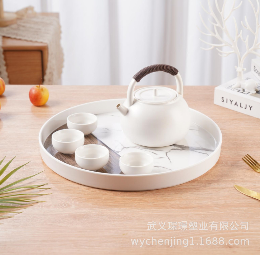 密胺托盘木纹大理石圆形直边茶具托盘家居客厅客房茶具托盘餐具盘详情5