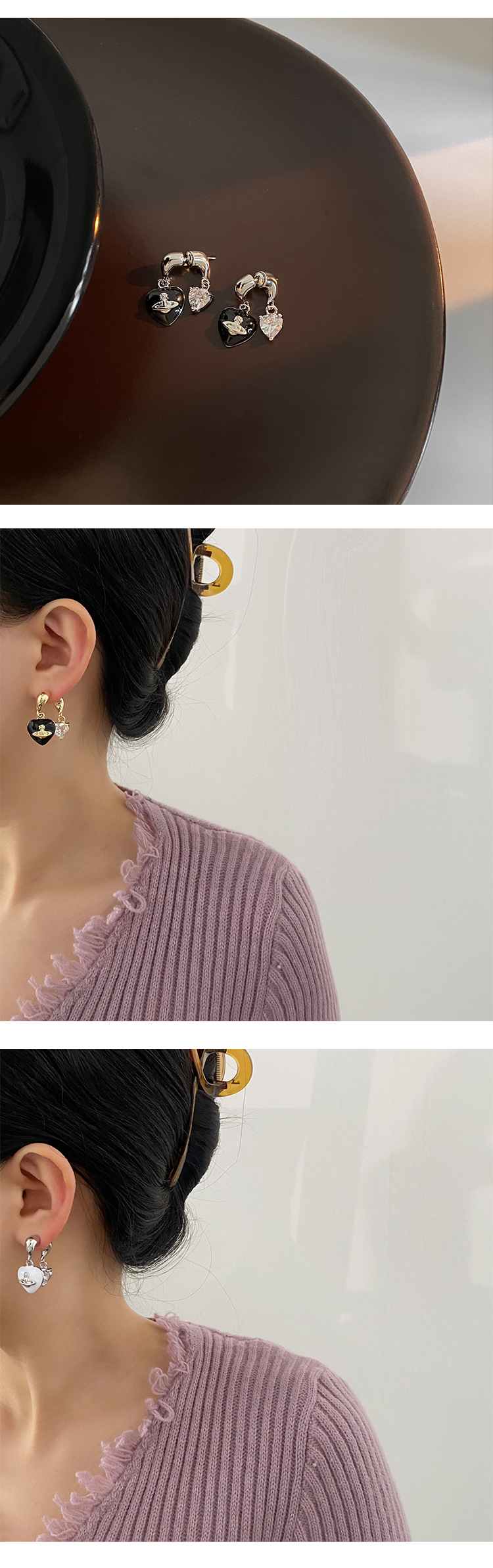 新款时尚土星心形爱心高级设计感简约画油甜酷冷淡小众前后两戴女简约个性百搭轻奢古风甜酷女D复古浅米E10411ABC耳饰详情2