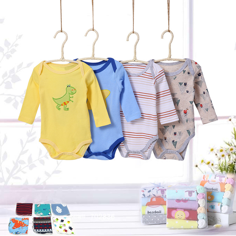 跨境批发婴儿服装男童女童欧美卡通宝宝长袖哈衣小方巾礼盒装详情5