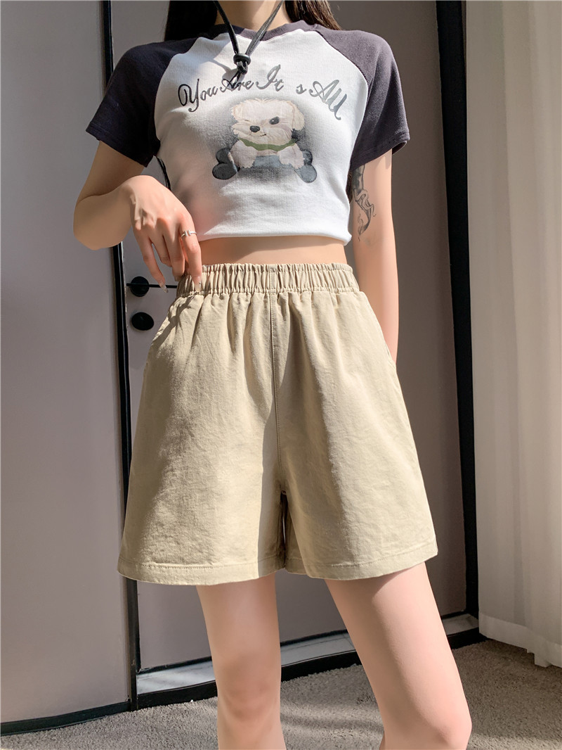 松紧高腰阔腿裤春夏日系百搭宽松显瘦休闲卡其色水洗棉短裤女夏季详情17