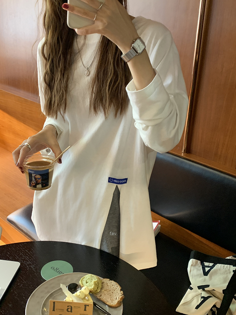 黄峥简约贴标开叉长袖T恤女2022春韩版宽松休闲设计感上衣T85396详情22