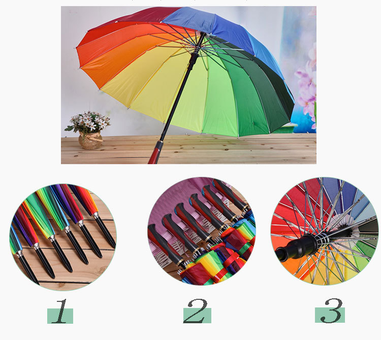 Factory direct sales: 16-bone gradient color straight pole rainbow umbrella, automatic long-handled windproof umbrella, creative advertising umbrella pic 5
