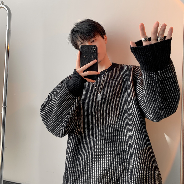 圆领条纹毛衣男款秋冬新款时尚套头针织衫日系复古宽松百搭上衣服详情11