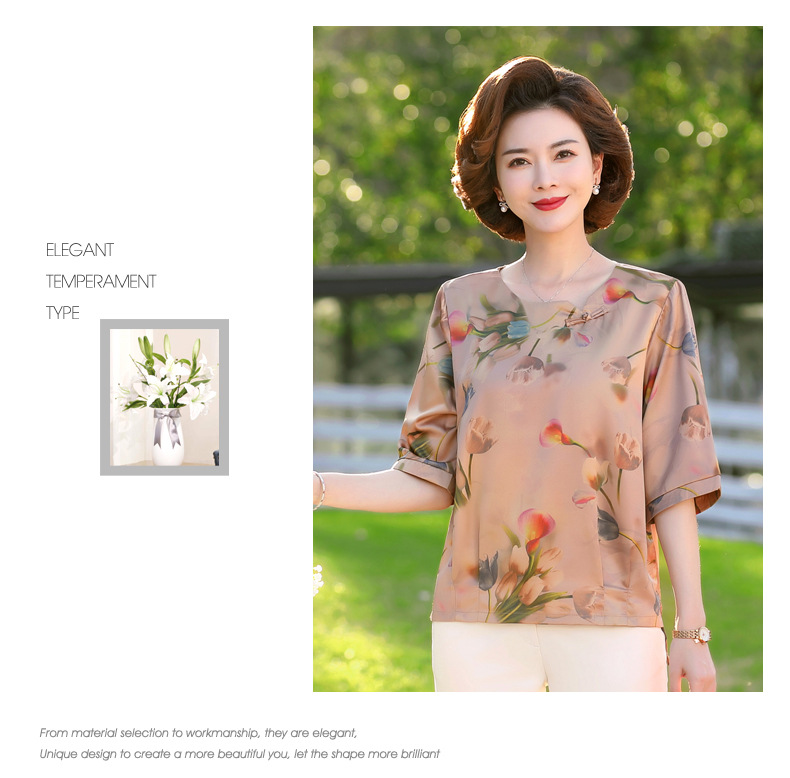 New fashionable chiffon short-sleeved T-shirt for middle-aged and elderly mothers in summer, elegant top for middle-aged women, and trendy floral mini shirt pic 54