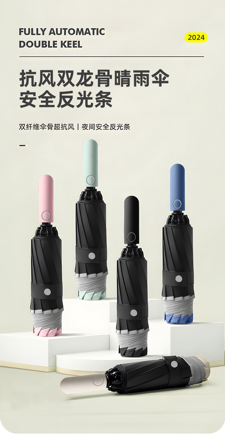 雨伞折叠伞反向双骨反光条晴雨伞加固抗风暴加厚黑胶雨伞自动大号详情1