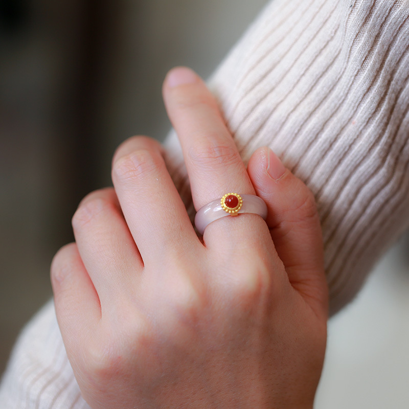 A natural white agate ring with chalcedony, set with S925 silver and inlaid with red agate from the south, is a retro Chinese style jewelry pic 6