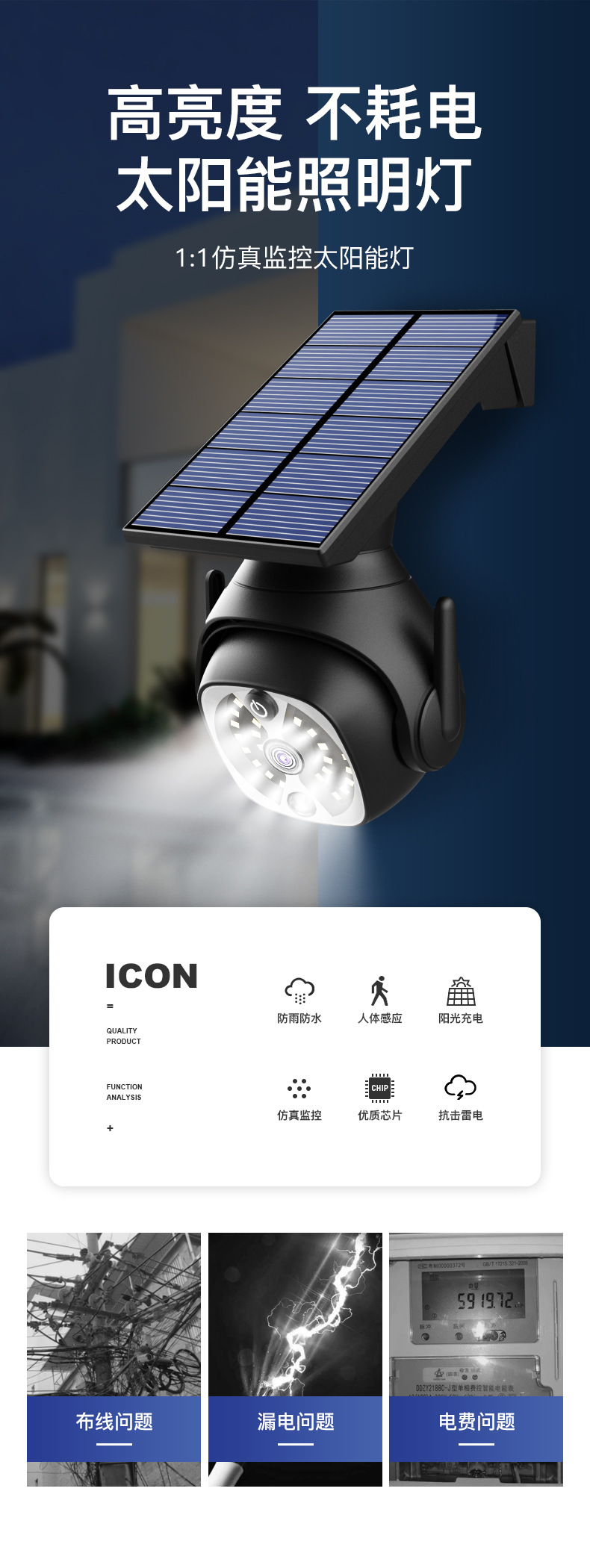 新款太阳能庭院灯led 仿真监控摄像头户外智能人体感应壁灯防水路详情1