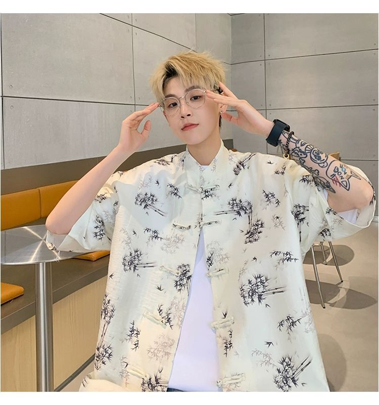 国潮青少年中国风竹子免烫处理短袖衬衫男夏季新中式盘扣潮流宽松半袖详情19