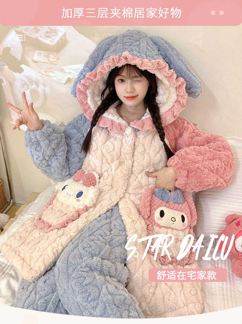 睡衣女士冬季三层加厚超厚夹棉珊瑚绒加绒法兰绒家居服秋冬款冬天详情1