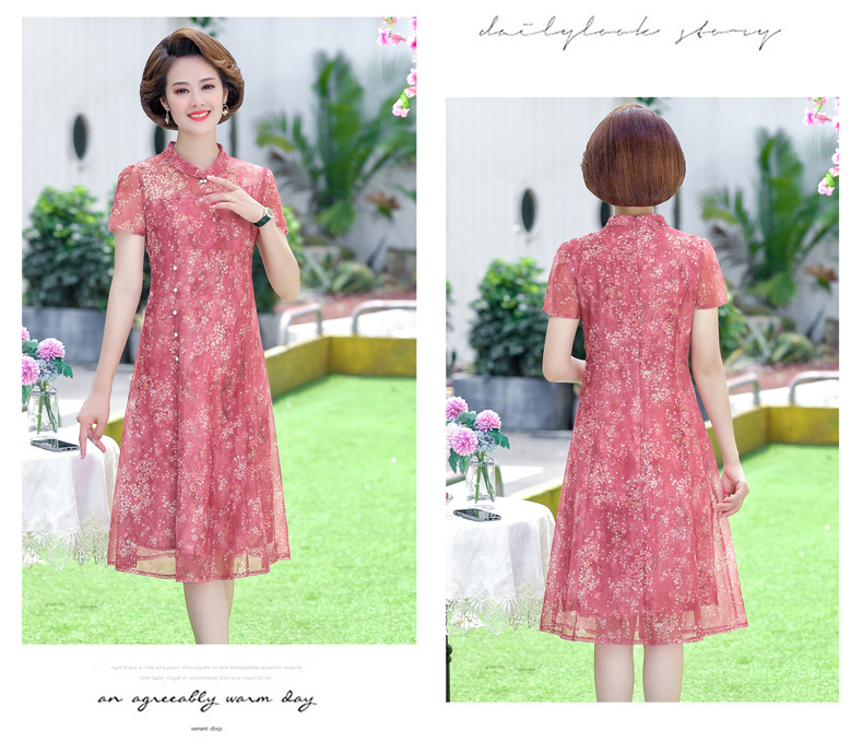 The 2022 new summer mom dress for middle-aged and elderly people aged 40 and 50 short-sleeved chiffon dress is elegant and stylish, making them look younger and slimmer pic 45
