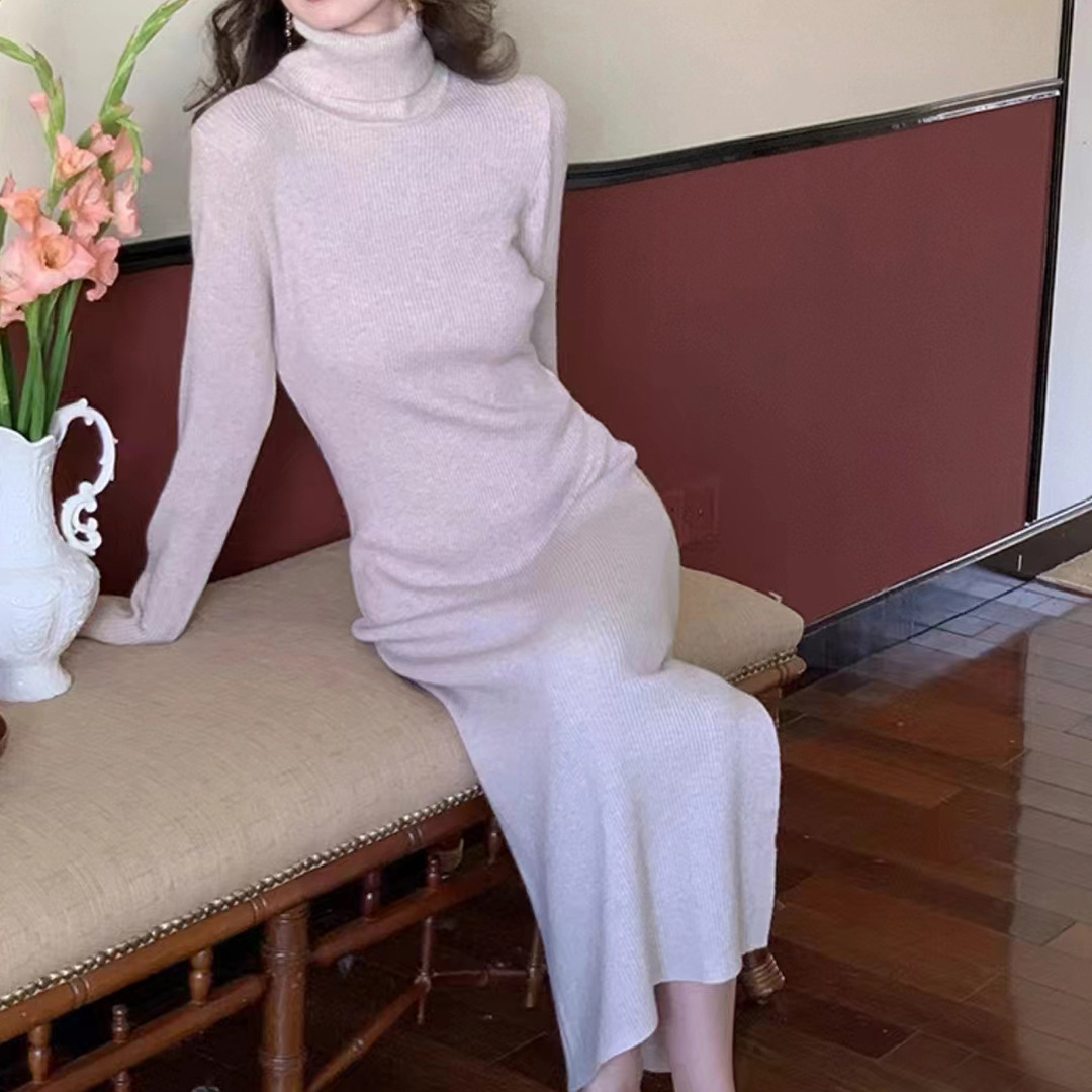 Semi-high neck solid color striped long sweater dress, new autumn and winter style, slimming, versatile base knitted dress for women pic 4