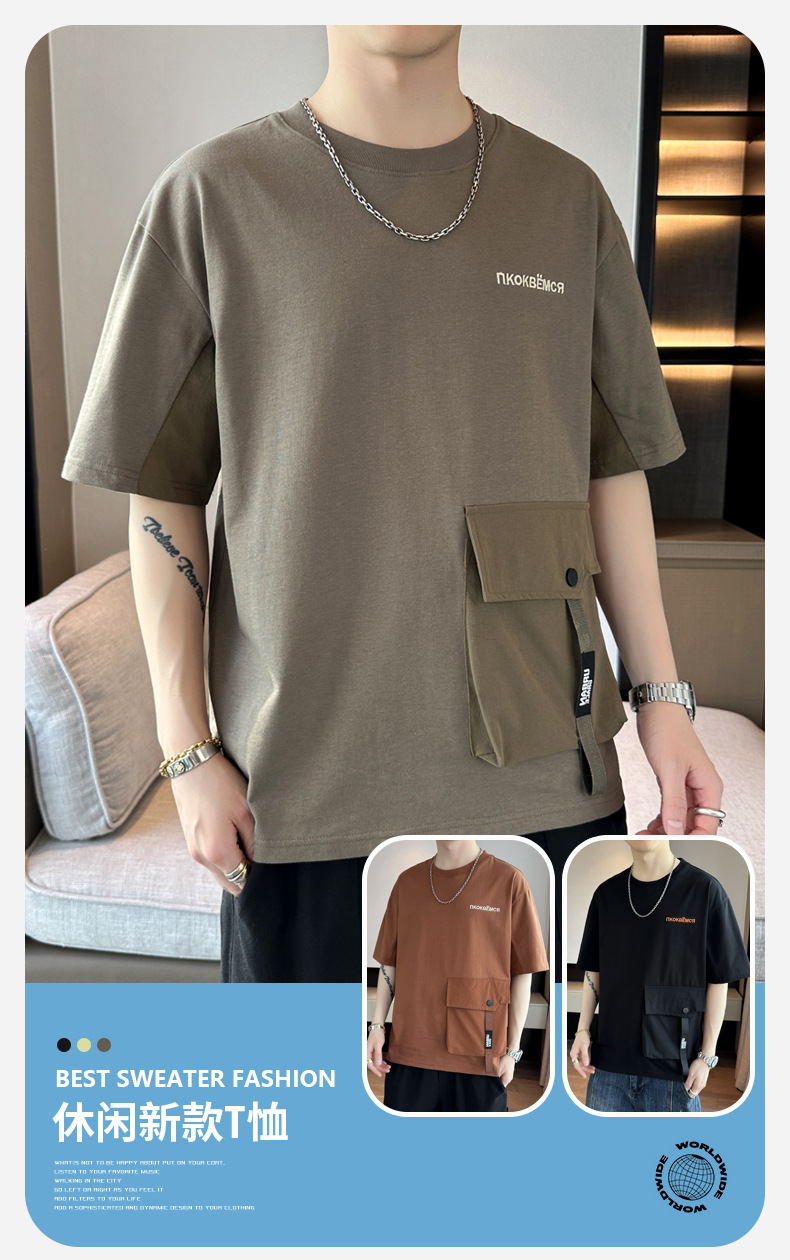 2024 Summer new short-sleeved T-shirt, thin, simple pocket, round neck, fashionable and trendy brand clothing, cool loose top pic 2