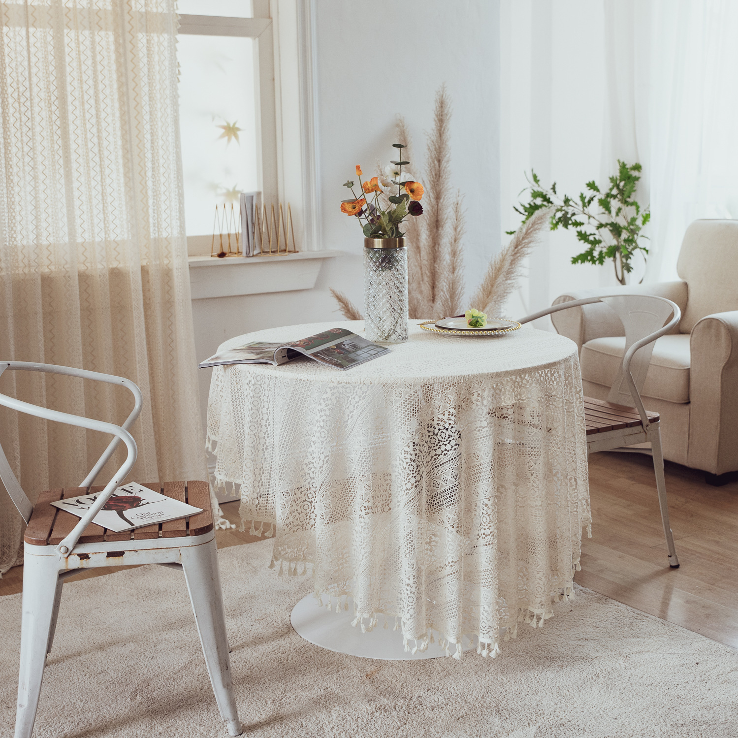 National trend retro hollowed-out lace cover fabric, ins style rectangular white country tablecloth, round table and small round tablecloth pic 9