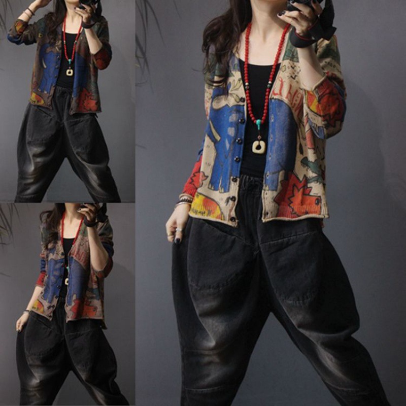 Spring 2021 new printed knitted cardigan for women, retro ethnic style, loose, large-sized, slimming long-sleeved top pic 12