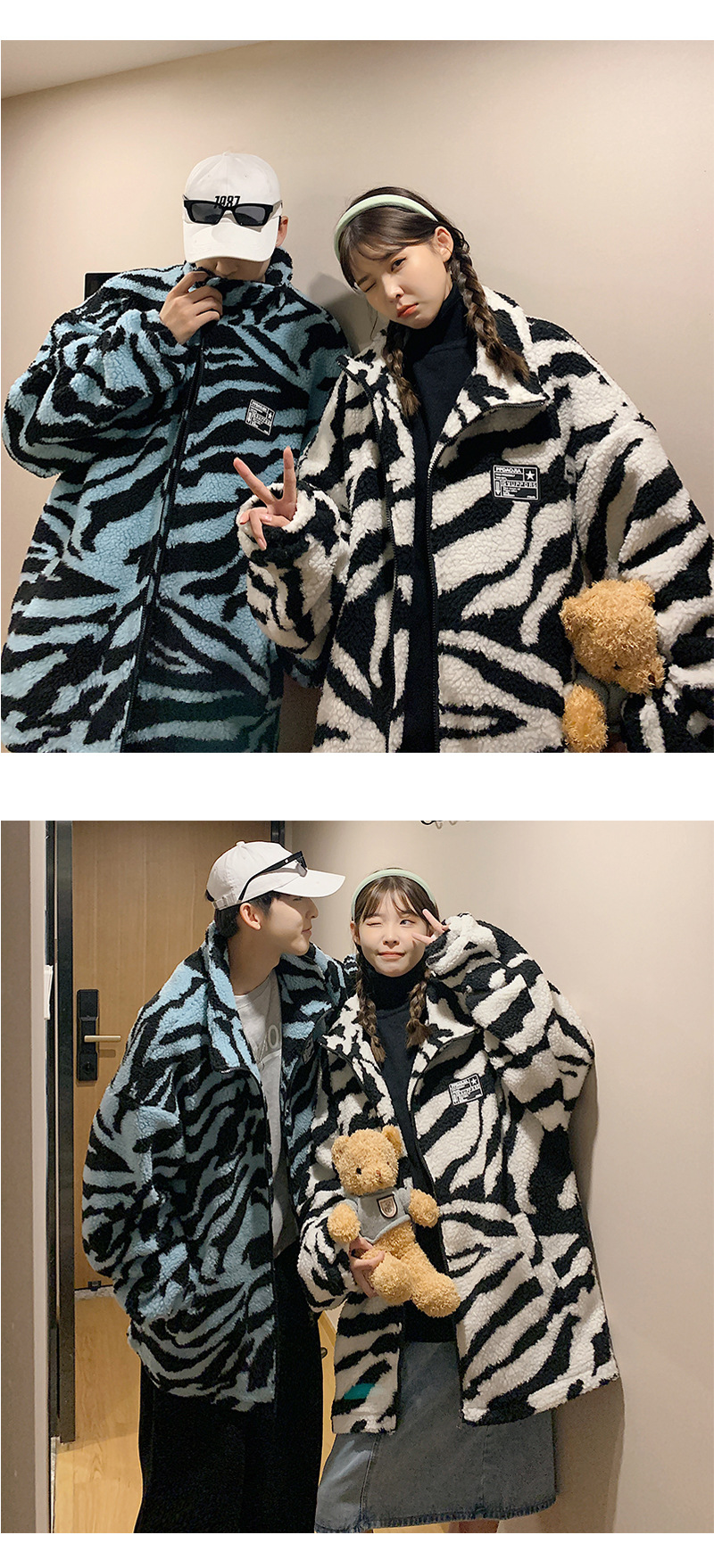 Thick cotton-padded jacket for couples 2021 winter, striped lambskin stand-up collar coat, warm cotton-padded jacket pic 7