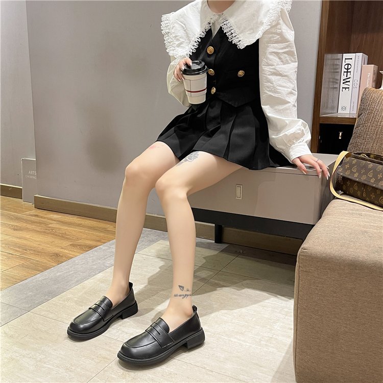 单鞋女2021新款女鞋春季英伦学院风浅口小皮鞋女式平底黑色懒人鞋详情4
