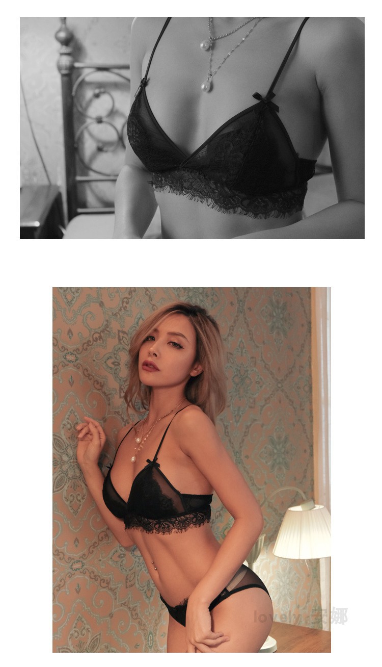 新款法式文胸薄款透气内衣套装学生小胸蕾丝睫毛花边三角杯文胸详情11