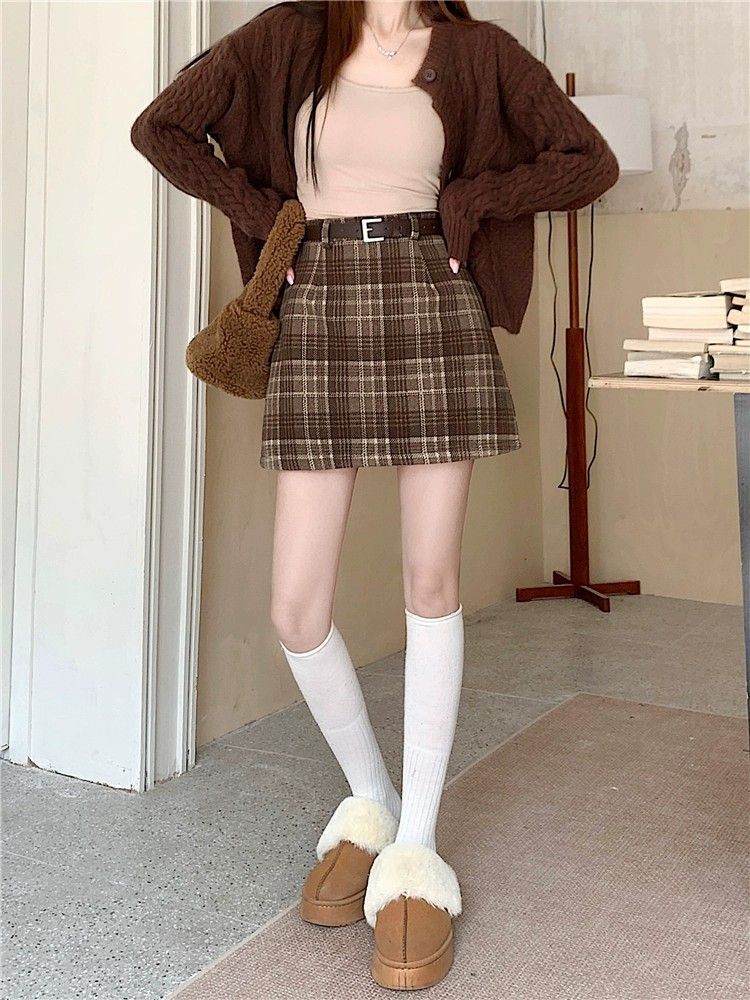 复古格子毛呢半身裙女秋冬款气质遮肚子咖色a字裙学院风时尚短裙详情10