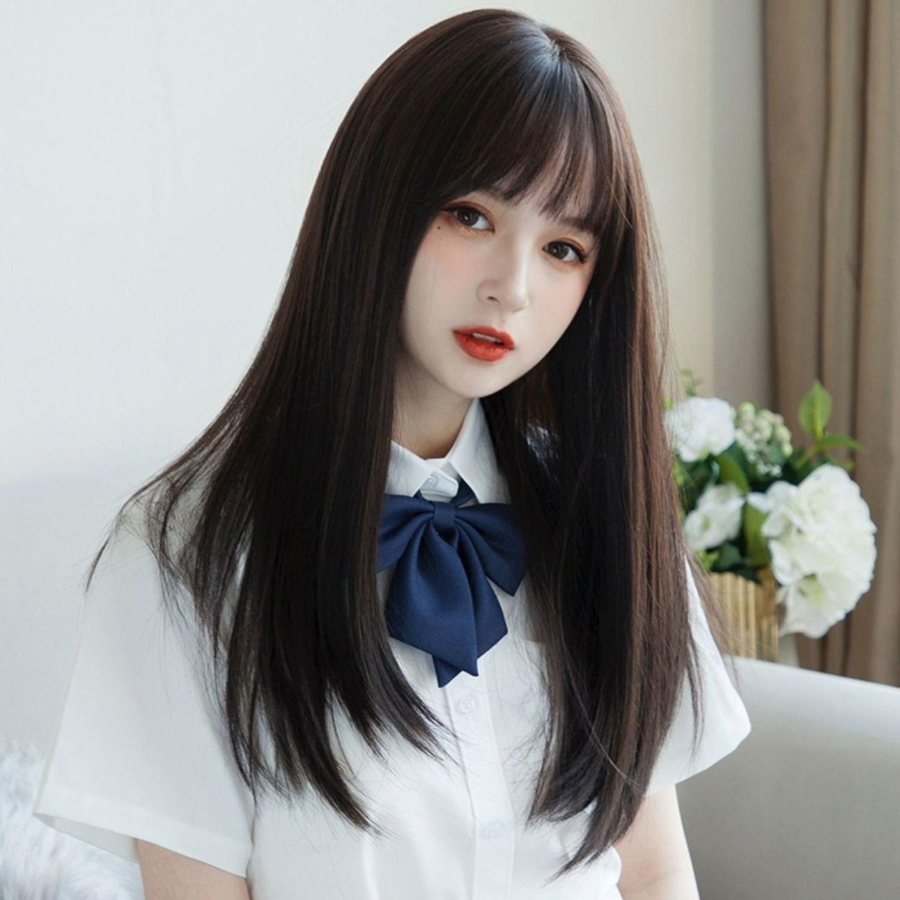 Wig for women, air bangs, medium-long straight hair, lolita full-length cosplay, medium-long hair available, full set of hair available for wholesale pic 2
