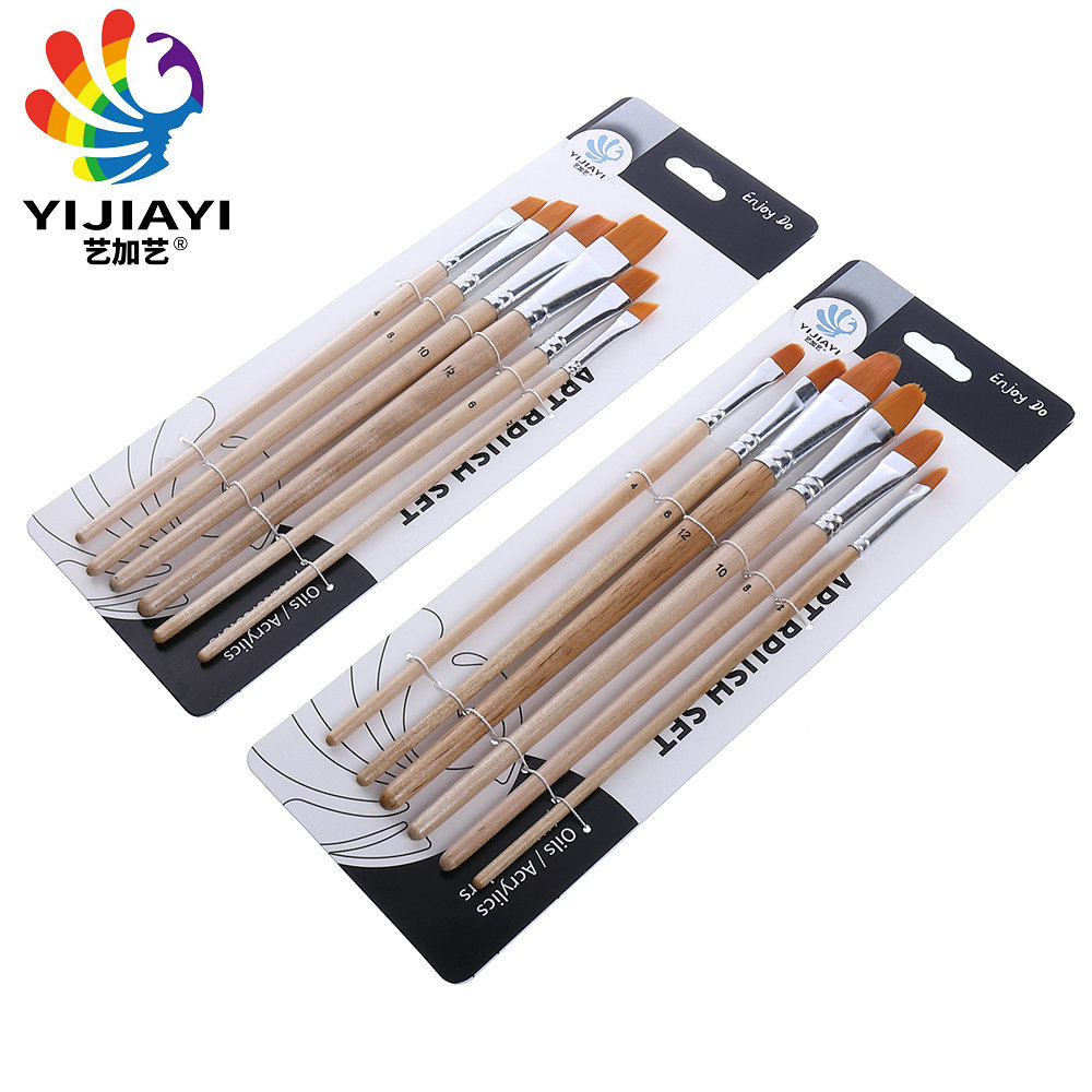 YIJIAYI 6-piece set of water-clear wooden pen barrel, aluminum tube and artificial fiber bristles oil painting brush. The head shape is available for selection pic 5