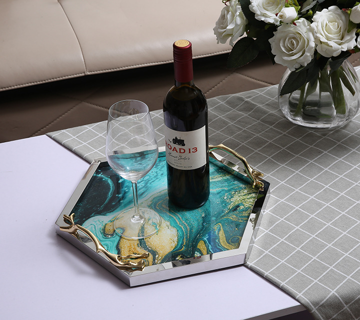 Nordic light luxury style creative glass fruit plate, home tea tray, storage tray, living room decoration plate, display plate with copper handle pic 8