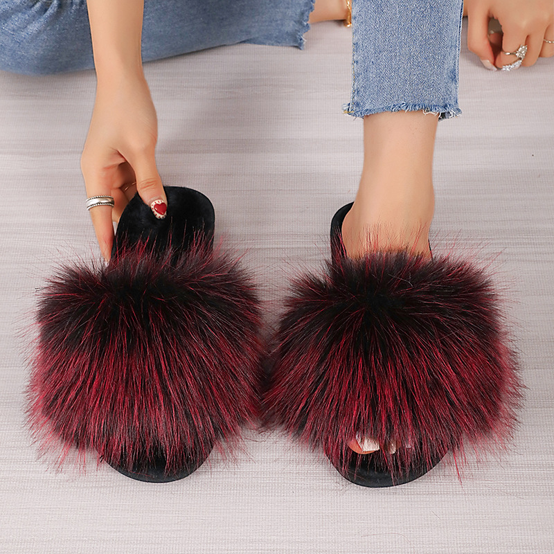 2024新款长毛绒拼色平底毛毛拖鞋女秋冬居家室内地板拖外贸一字拖详情23