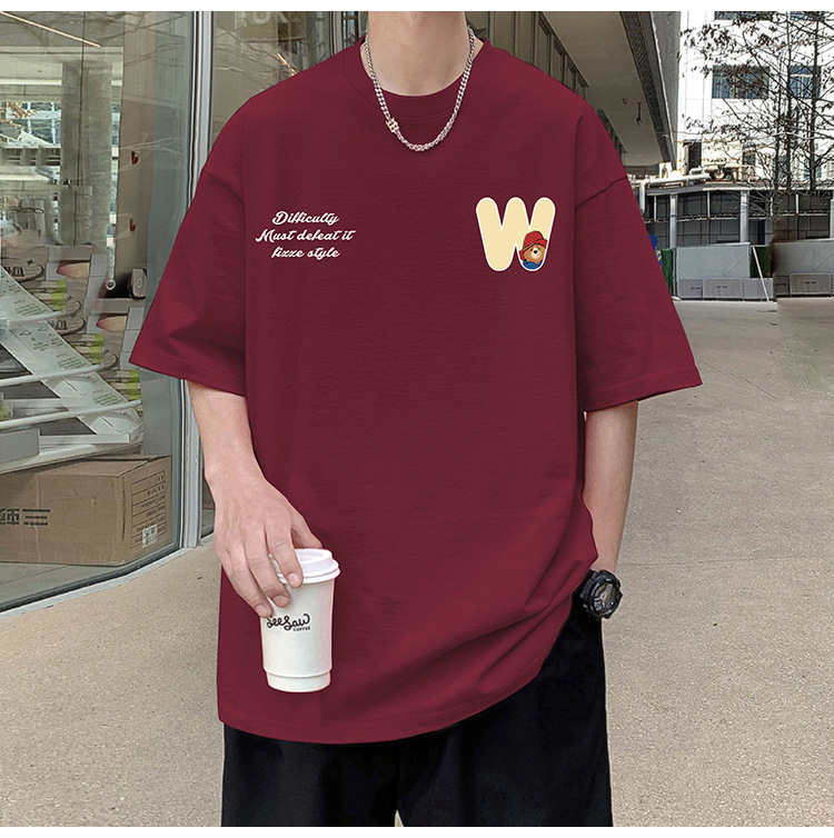 Camiseta de manga corta de estilo americano de algodón pesado hombre verano 2024 nuevo oso estampado estado de moda puerto estilo chico camiseta pic 34