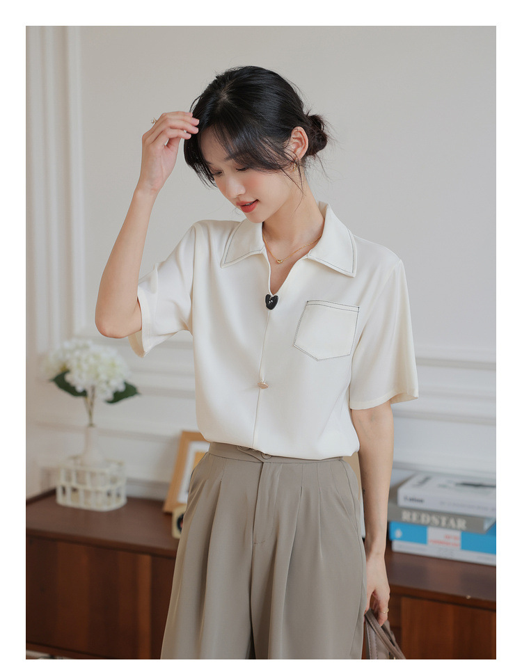 法式v领雪纺短袖衬衫夏季上衣设计感小众女式休闲风通勤气质衬衣详情17