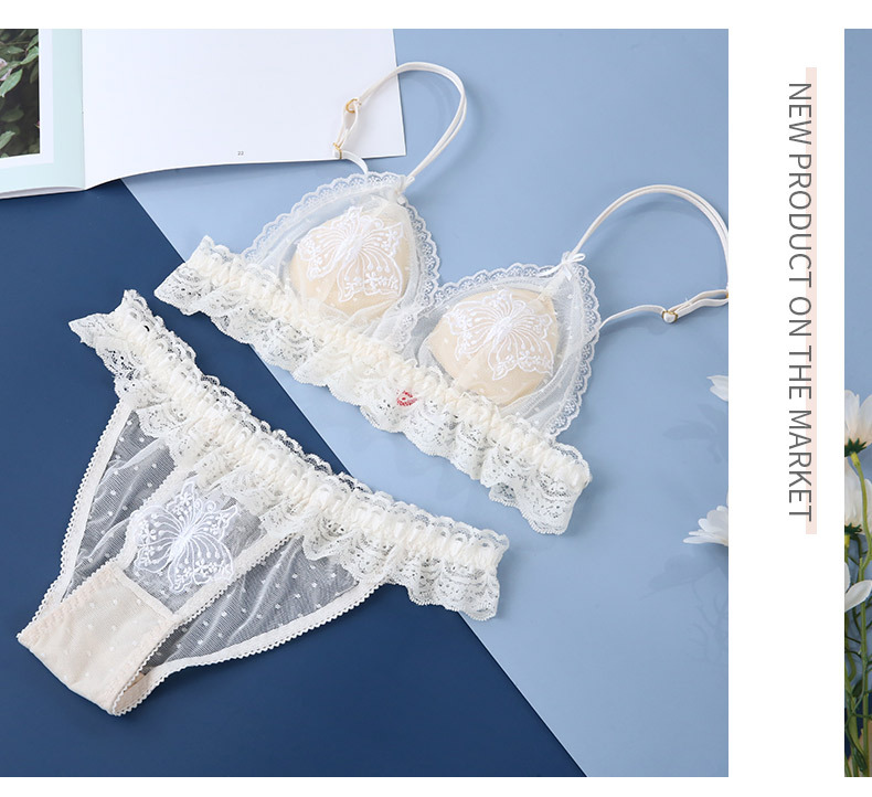 Soft and cute style, soft bra, sweet lace mesh, butterfly embroidery underwear, anti-protruding triangular cup bra set pic 11