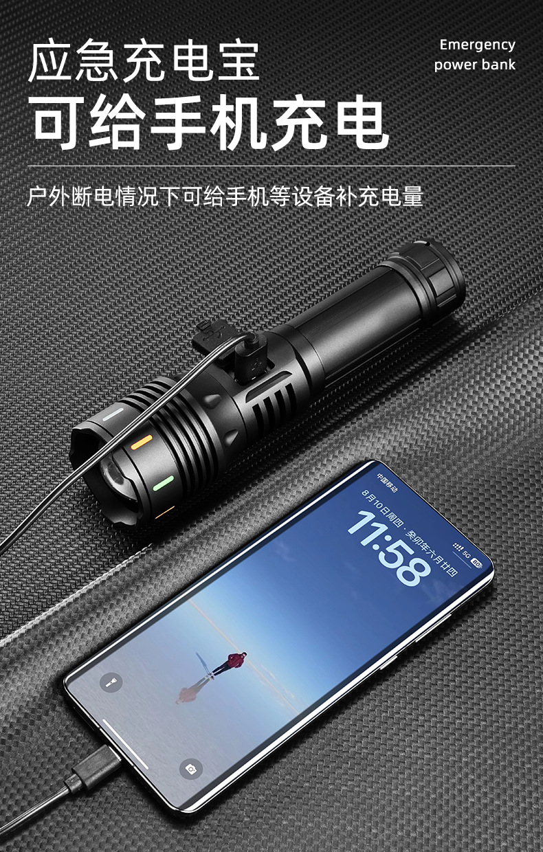 新款荧光强光照明铝合金手电筒白激光灯泡户外探险USB-C充电详情12