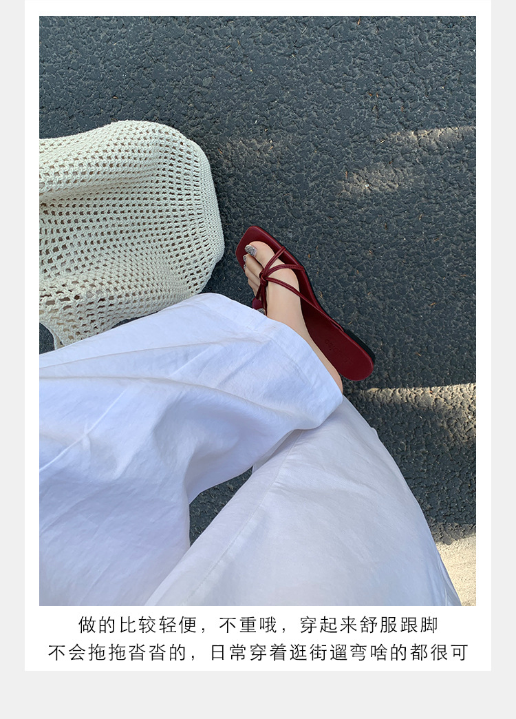 羊皮版葡萄妈同款法式方头高跟鞋细带粗跟平底拖鞋女夏季扭结凉拖详情17