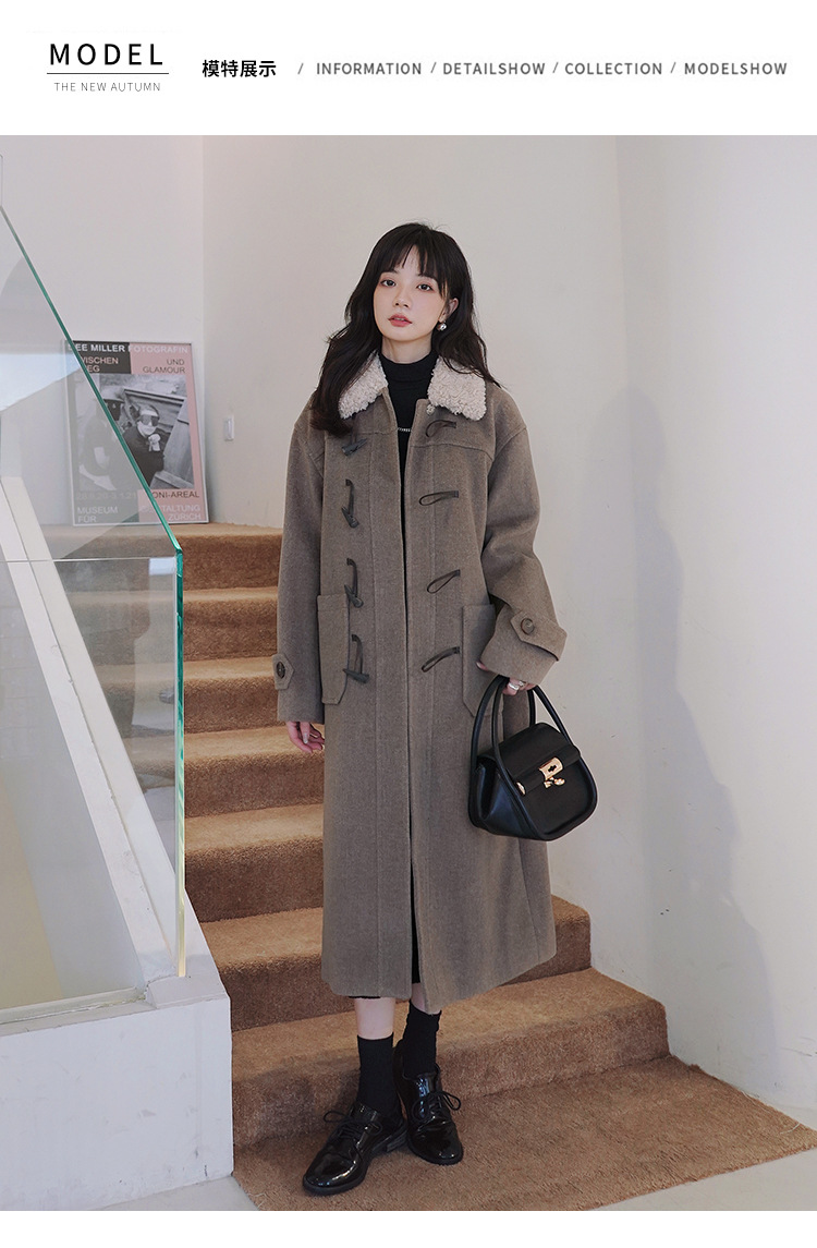 A real photo of the 2022 winter new Korean-style woolen coat with a fur collar and horn buttons, a loose and gentle long coat pic 6