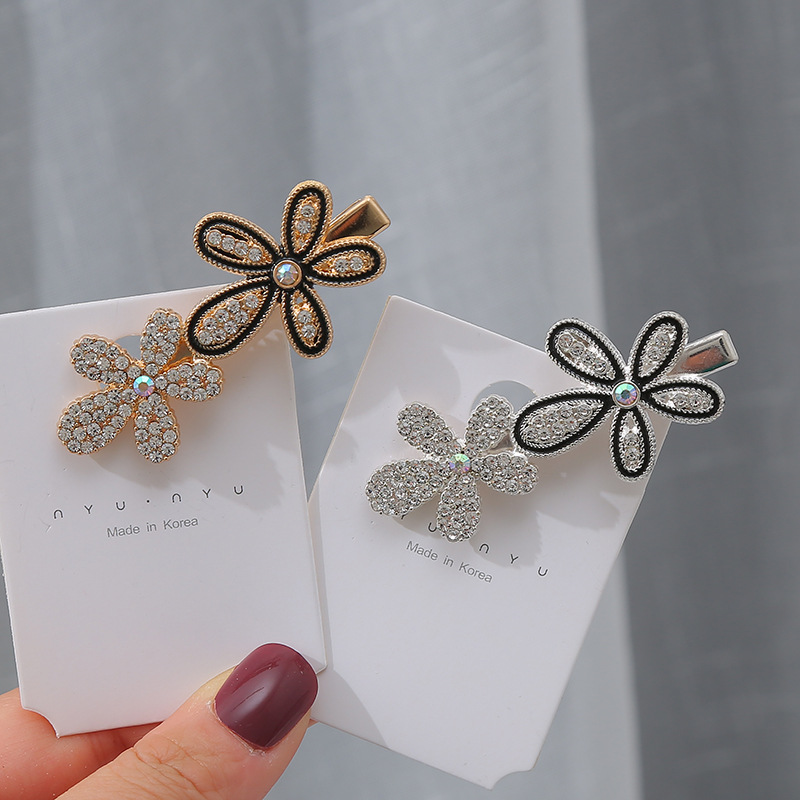 韩国黑色滴油双花水钻发夹一字发卡子网红侧边夹气质少女刘海夹详情3