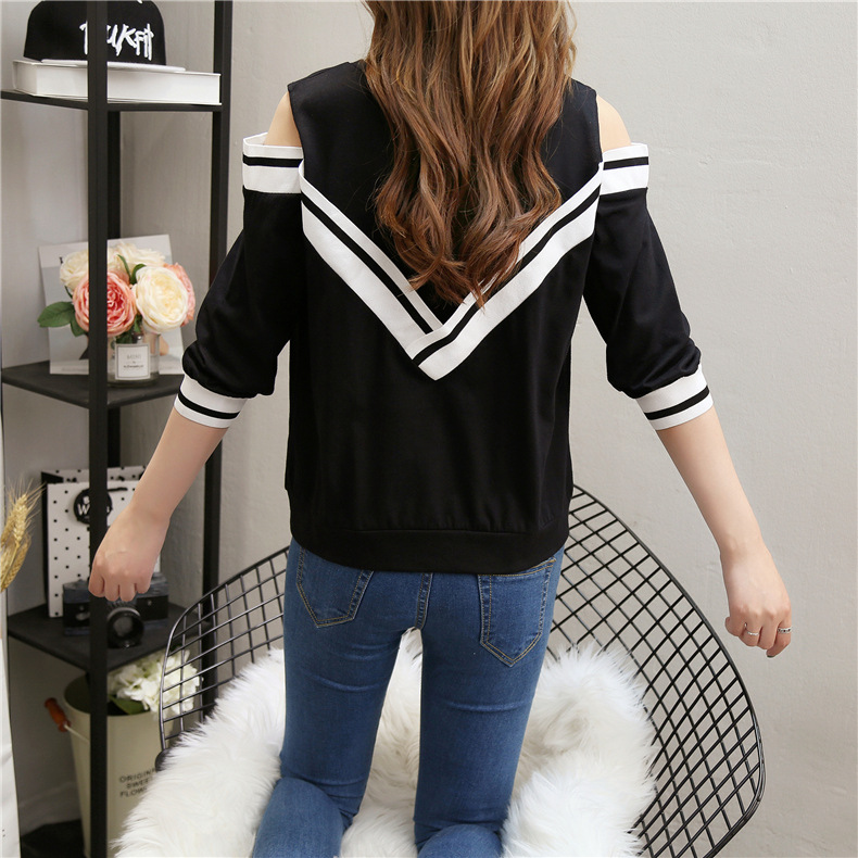 Spring and Autumn new versatile T-shirt for women, 7-inch sleeved off-the-shoulder long-sleeved sexy half-sleeved top pic 15