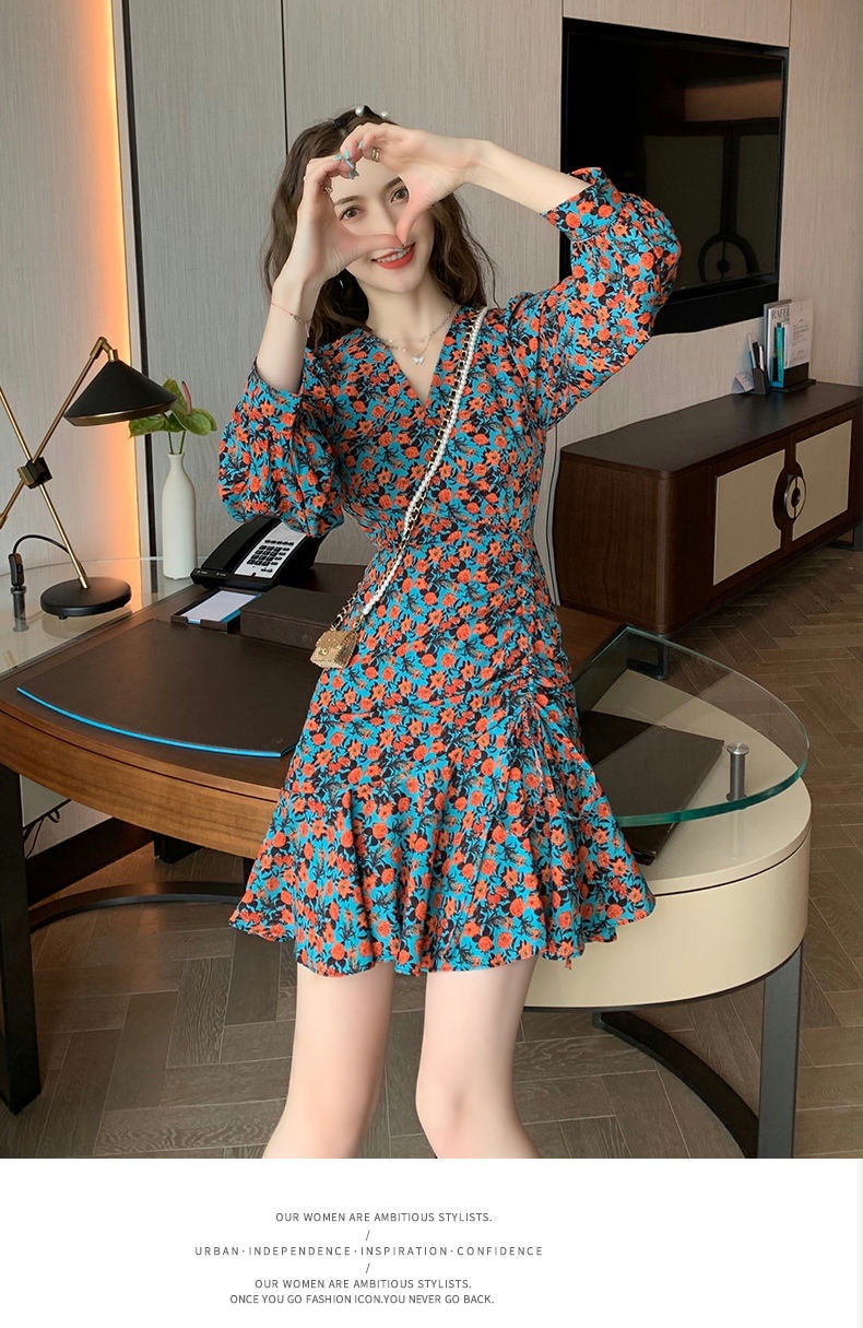 法式碎花V领长袖连衣裙女秋装纯欲风修身性感包臀裙打底辣妹短裙详情10