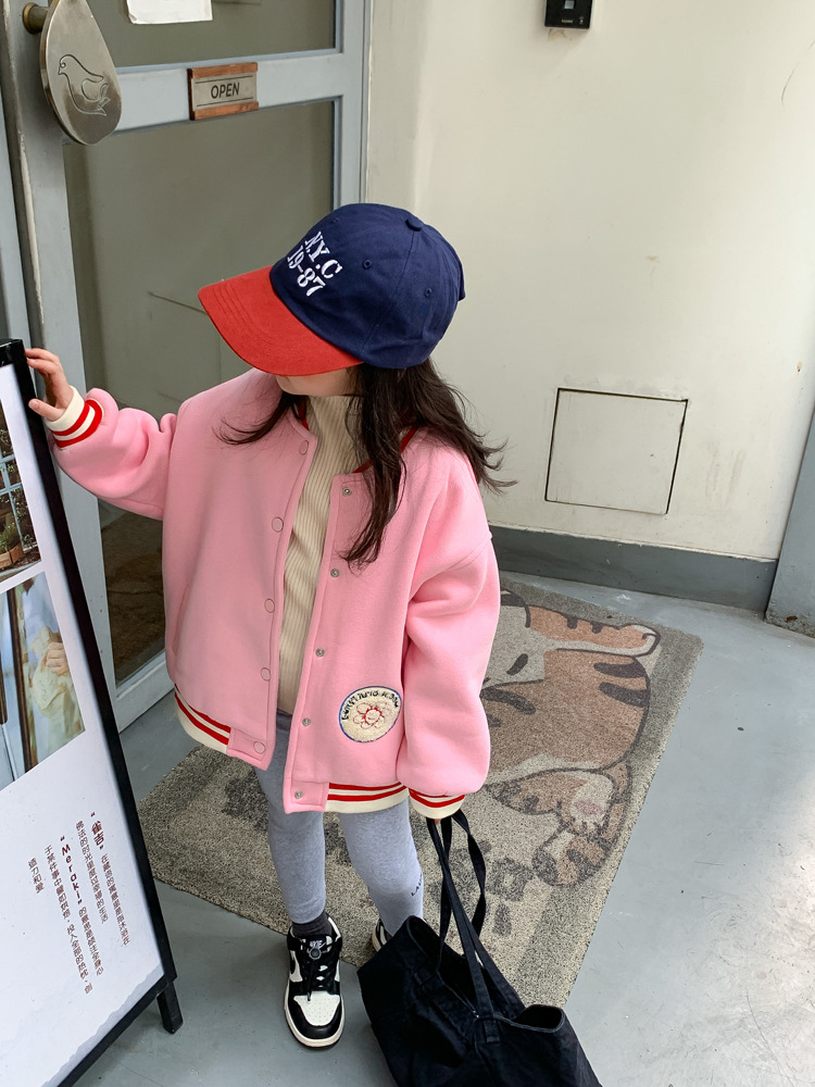 TCkids2022AW Autumn/Winter Edition fleece thickened embroidered label pink baseball jacket pic 22