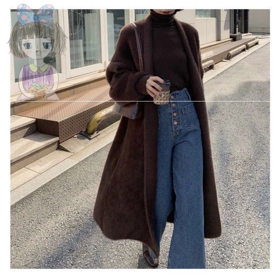 2023 Spring and Autumn laid-back and loose, knee-length, thickened, pure imitation mink fleece knitted sweater cardigan for women pic 53