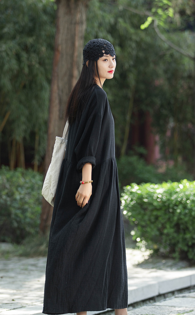Spring and summer V-neck textured natural linen loose robe, double-layer large hem elegant long dress, retro fairy dress pic 29