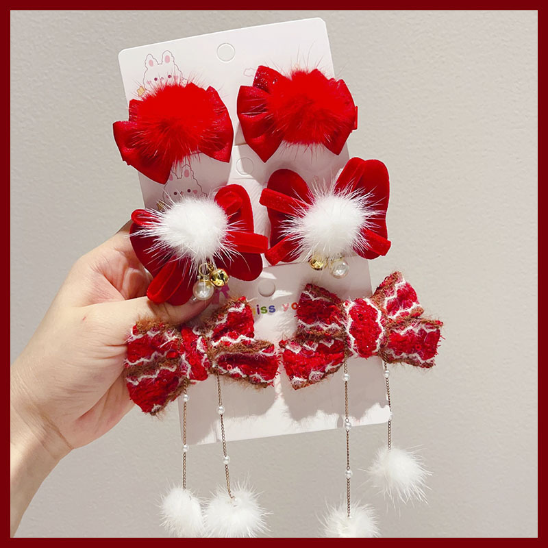 儿童红色貂绒发夹喜庆新年古风发饰女童宝宝春节汉服发卡少女头饰详情44