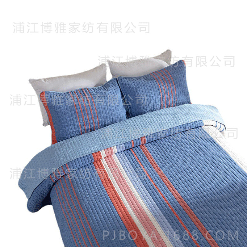 Simple and high-end quilted quilt, blue striped pure cotton three-piece bed cover, spring and summer air conditioner quilt, washed quilt wholesale pic 15