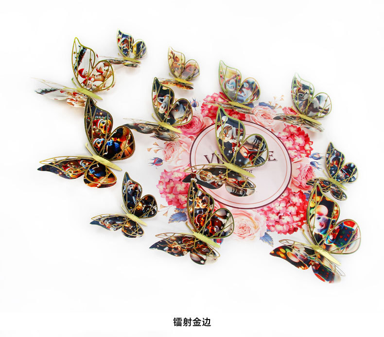 跨境新品圣诞节双层蝴蝶装饰镭射镂空派对纸蝴蝶复活节自粘墙贴纸详情4