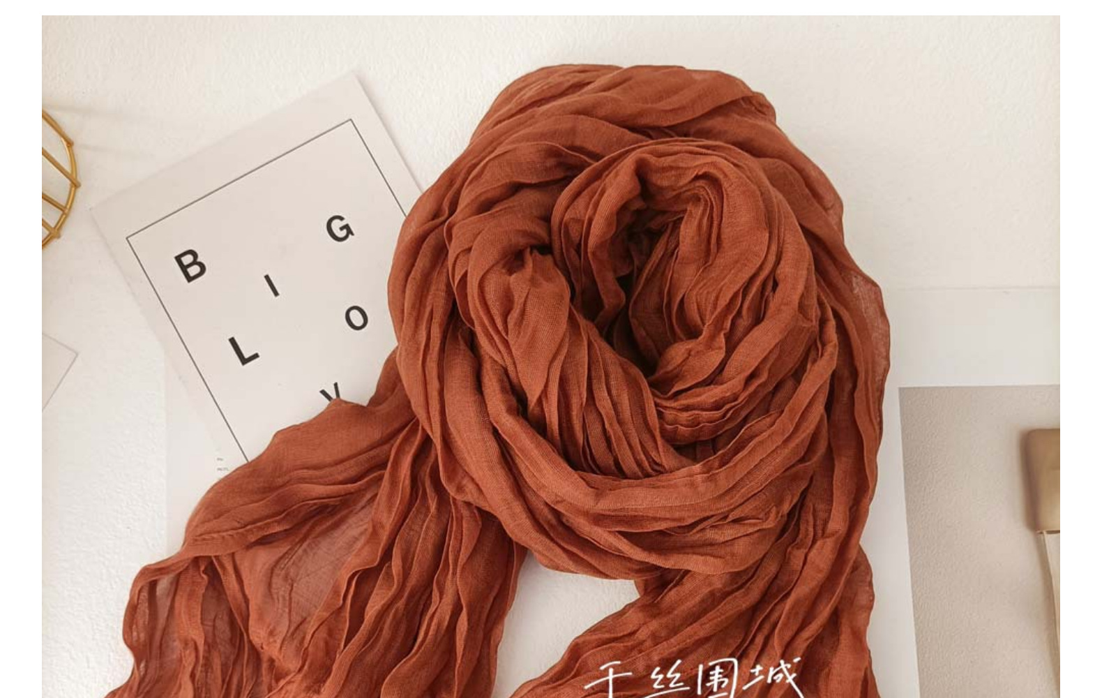 纯色棉麻围巾复古秋冬新款褶皱绿色复古薄长条披肩男女士保暖丝巾详情17