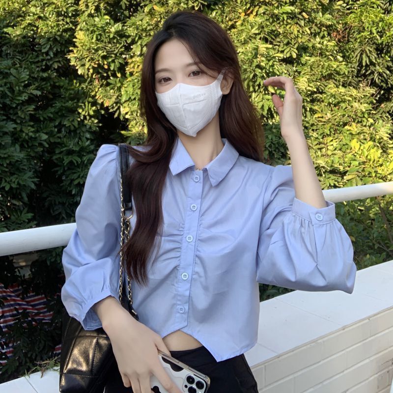 短款衬衣女白色衬衫女春秋新款韩版设计感褶皱学院风减龄纯欲上衣详情1
