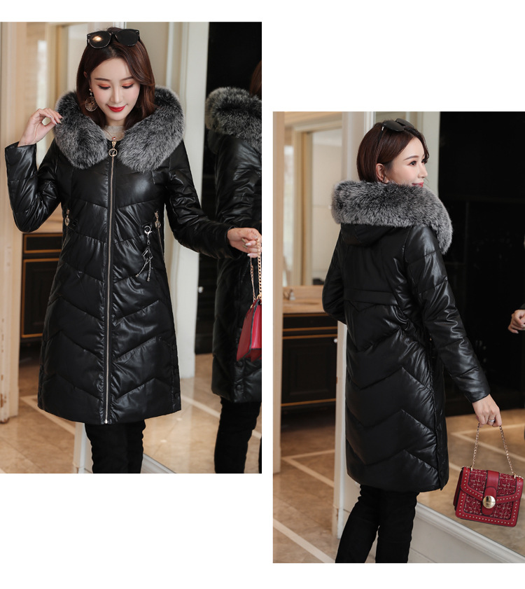 Korean winter new mid-length down cotton-padded jacket, PU leather, true fox fur collar, thickened leather coat pic 19